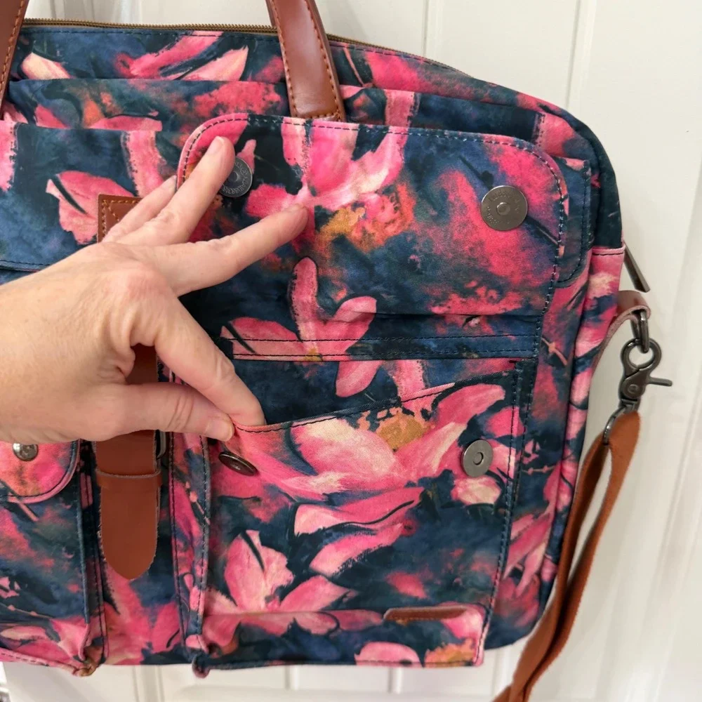 Baosha Laptop Bag OS Pink Navy Floral Canvas Messenger Crossbody Briefcase
